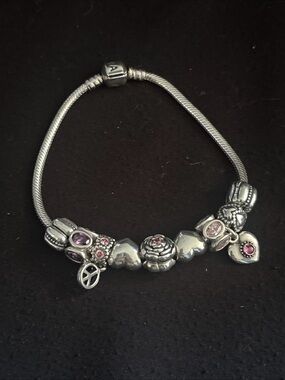 Pandora Sterling Charm Bracelet with Pink Accents 7 charms